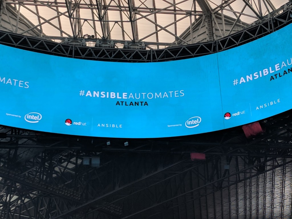 #AnsibleAutomates banner at Mercedes-Benz Stadium, Ansible Automates, Atlanta, 2017