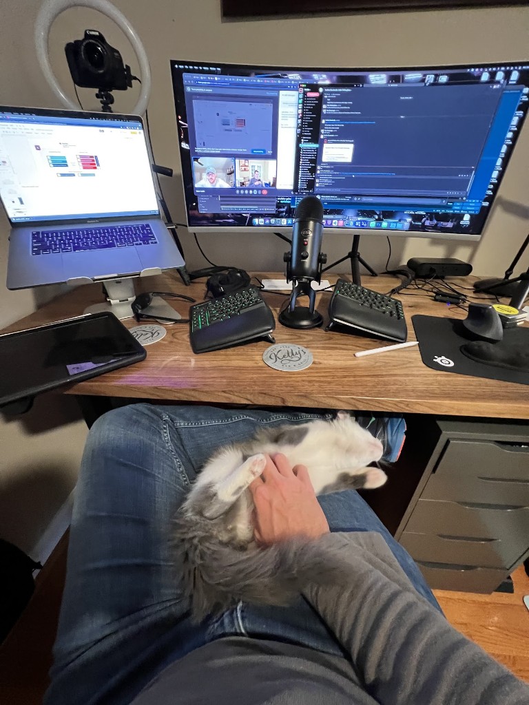 Behind the scenes at the home desk during a virtual session, 2021