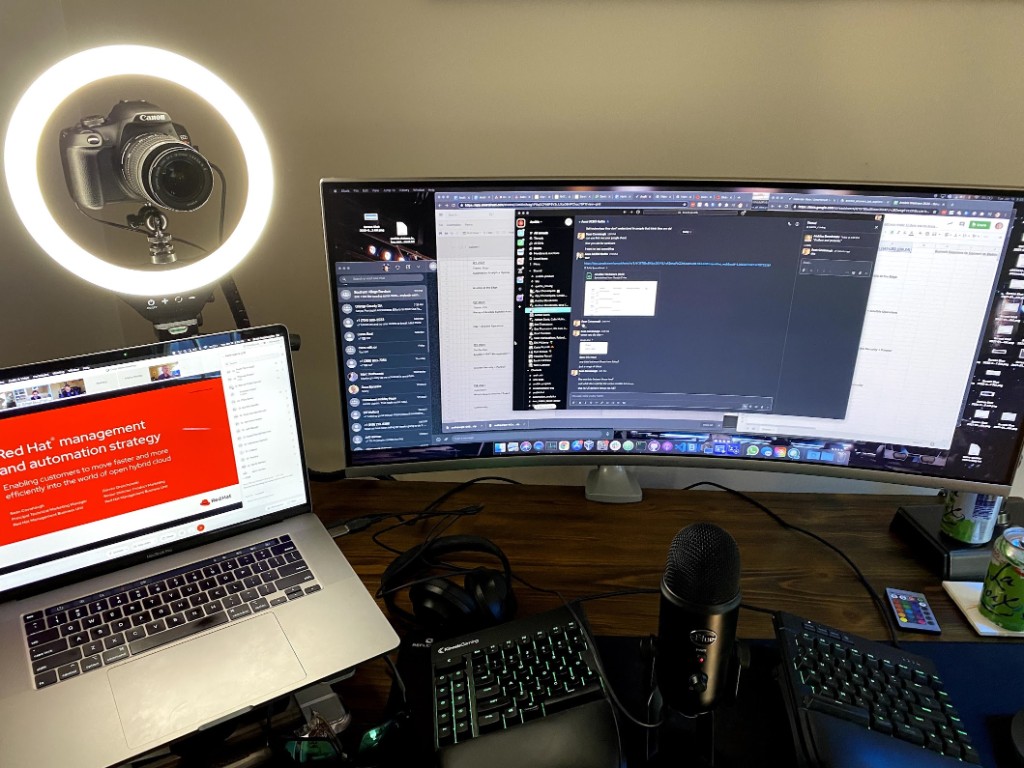 Home studio setup with hybrid cloud presentation deck, AnsibleFest virtual, 2021